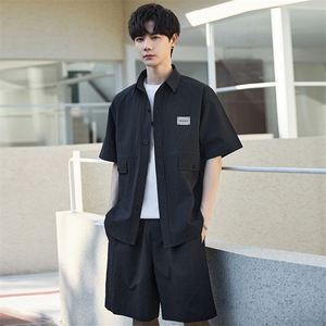 休闲套装男夏季薄款衬衫男士短袖短裤两件套衬衣帅气Y2505-P105图片