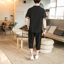 2021中式复古棉麻短袖两件套男夏季时尚休闲套装QT6005-TZ06-P65，男装套装，星座1112-5（原712-5）