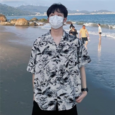 夏季沙滩度假风痞帅花衬衫男韩系冷淡风复古设计冰感薄款短袖潮牌，男装T恤，四季星座505
