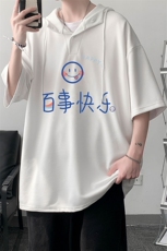 LD54183-P45连帽短袖t恤男大码胖子带帽五分袖中袖大皂风，男装T恤，电商A040