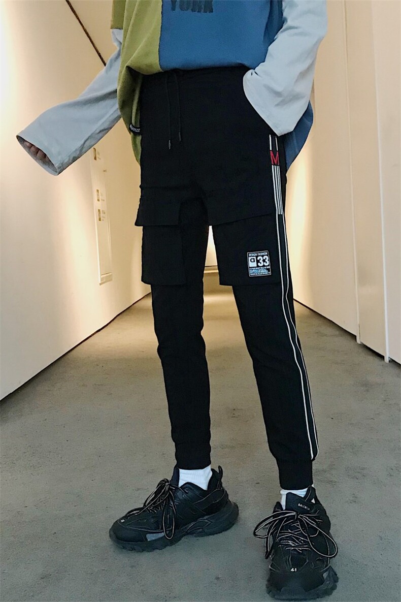 2021社会小伙弹力修身小脚裤织带黑色休闲长裤子男864/P50,男装休闲裤,星座1506-1