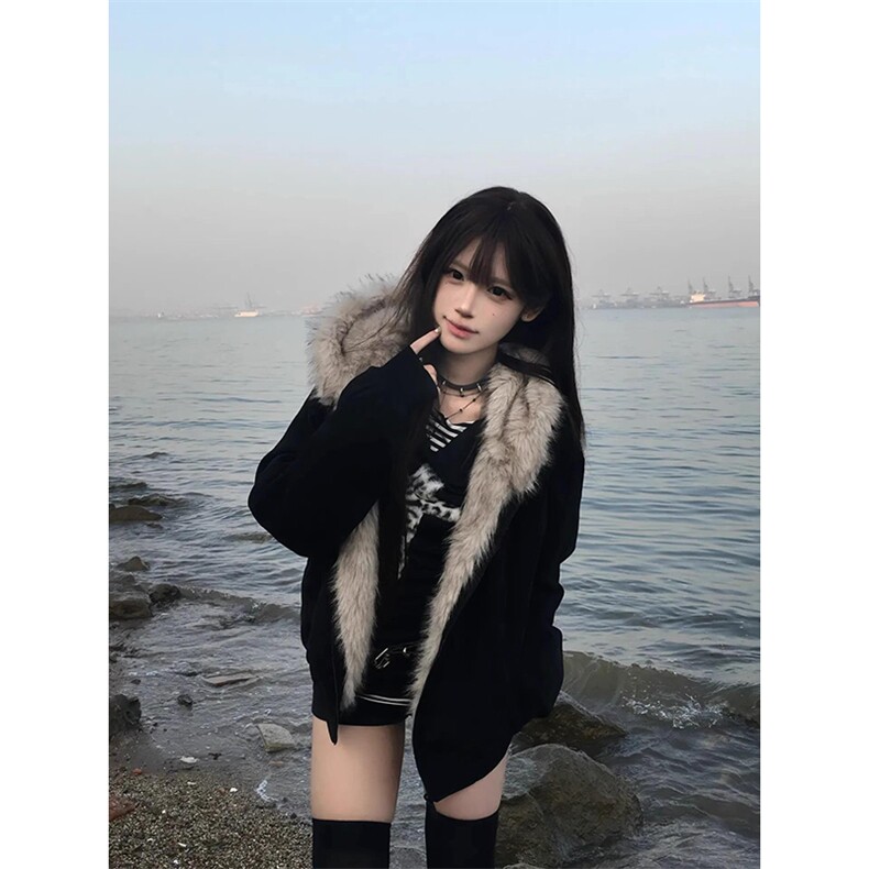 现货重磅硬挺boxy羽绒棉衣座山雕猫耳大毛毛领麂皮棉服冬外套图片