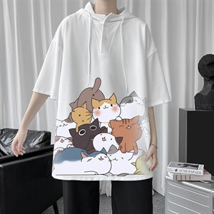 LD54162-P45 连帽短袖t恤男大码胖子带帽五分袖中袖图片