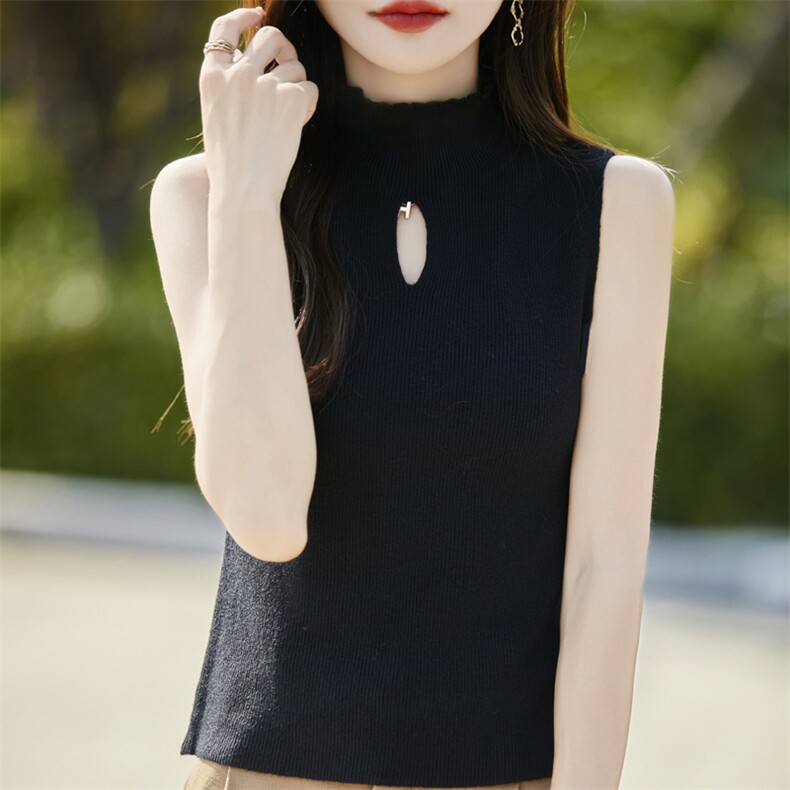 气质花边半高领无袖针织保暖背心女2024秋冬新款洋气显瘦打底内搭,女装背心吊带,暖姿羊绒