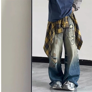 美式复古涂鸦做旧破坏牛仔裤情侣宽松直筒阔腿裤休闲长裤
