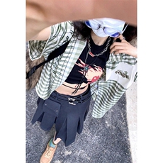 绿白格纹polo领短袖衬衫男女藤蔓刺绣小众中长款上衣CA099，男装T恤，星座1116A（原606A-3）