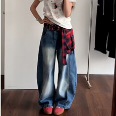 格子裙摆弯刀牛仔裤女夏季新款复古宽松潮流阔腿拖地长裤子XX2218，男装牛仔裤，星座208-5