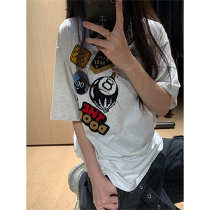 网图现货 美式街头徽章刺绣T恤男女宽松高街情侣夏季短袖A369-P35图片