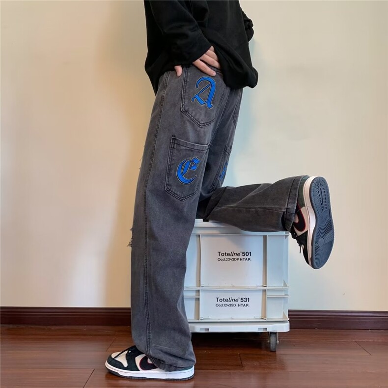 牛仔裤男韩版潮流多口袋字母刺绣高街2024春夏ins休闲裤K2555-P50,男装牛仔裤,星座412