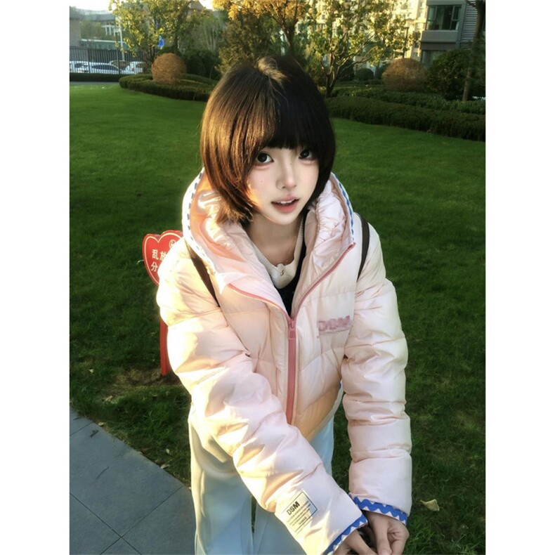 1506A/G78970/P94粉色贝壳绣连帽棉服外套女冬季小个子保暖面包服,男装棉衣,星座1506A