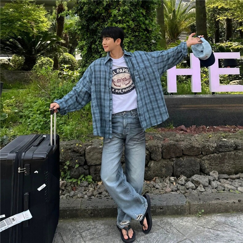 蓝色格子亚麻长袖衬衫男士秋季韩系休闲慵懒风少年感叠穿防晒衬衣,男装防晒衣,星座506A