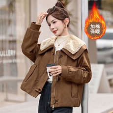 秋冬宽松超好看鹿皮绒棉服时尚减龄羊羔毛翻领夹棉加厚外套女，女装棉衣/棉服，韩蔻秀