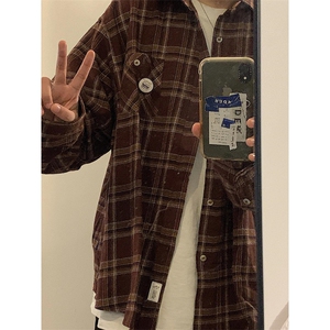 潮牌情侣美式复古徽章LOGO格子衬衫男长袖衬衣外套 CS51图片