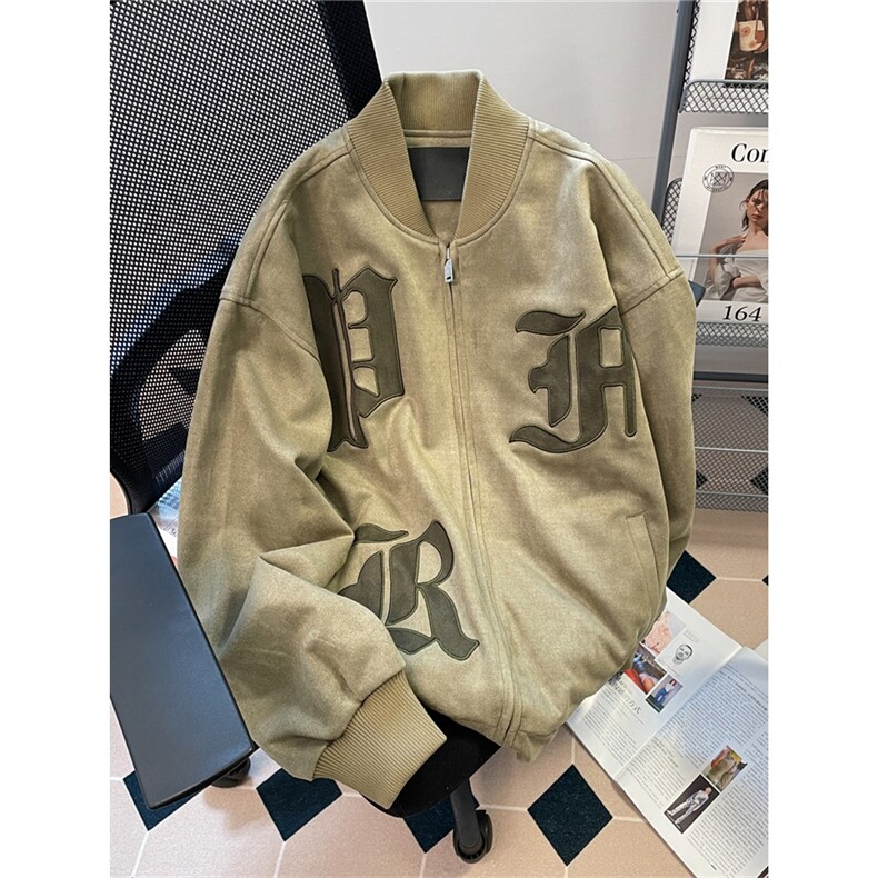 2025秋冬新款男女麂皮绒夹克美式复古贴布刺绣潮牌休闲棒球棉外套,男装夹克,星座715-4