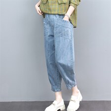 日系外单~薄款七分牛仔裤女春夏大码宽松显瘦九分高腰休闲哈伦裤，女装休闲裤，叶笙衣