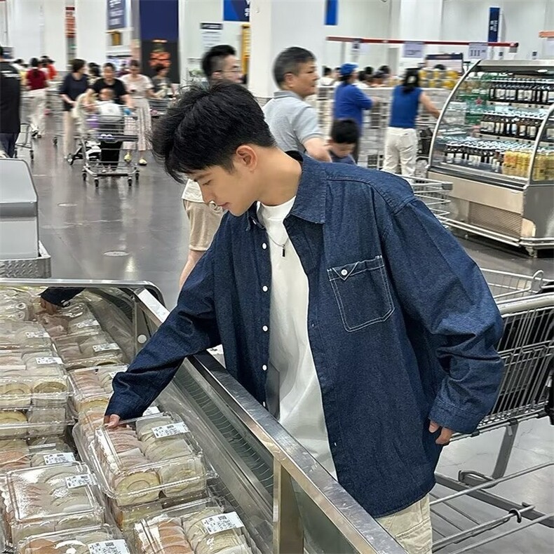 现货日系牛仔蓝翻领水洗长袖衬衫男C180/P53,男装衬衫,星座205-3