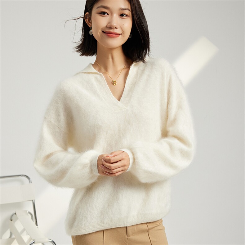 拉绒系列-秋冬新款纯山羊绒V领宽松休闲软糯气质女针织打底衫，女装羊绒衫，英集羊绒
