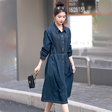 欧货牛仔连衣裙女长袖秋季2025新款时尚大码胖mm显瘦中长款衬衫裙，女装连衣裙，丽影随形