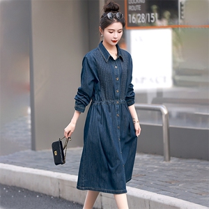 欧货牛仔连衣裙女长袖秋季2025新款时尚大码胖mm显瘦中长款衬衫裙图片