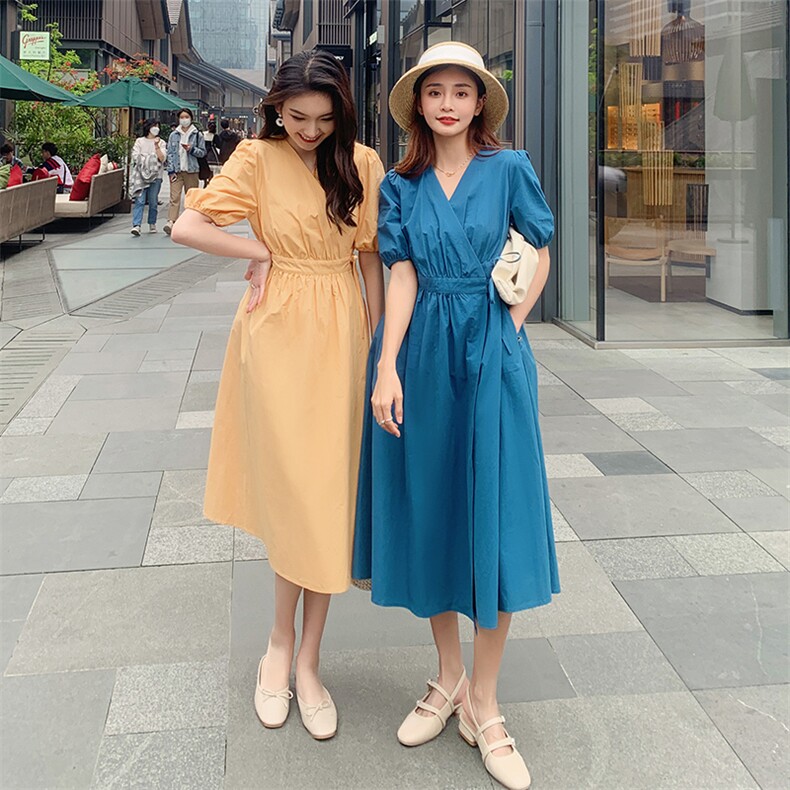 现货2021夏季双系带泡泡袖连衣裙浙宝292A货号W002,女装连衣裙,时倾STUDIO