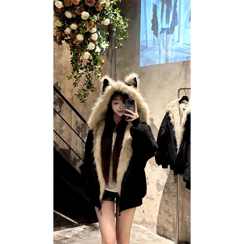 现货重磅硬挺boxy羽绒棉衣座山雕猫耳大毛毛领麂皮棉服冬外套，男装棉衣，电商A486-1