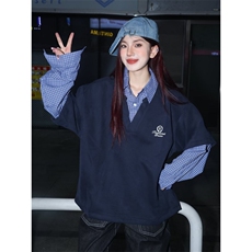 W130-P51美式复古拼接假两件衬衫男女春秋潮牌宽松情侣长袖，男装衬衫，电商B323A