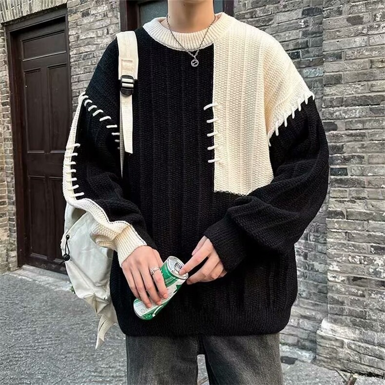 MM174-P52潮牌宽松韩版慵懒风拼接毛衣休闲套头针织衫图片