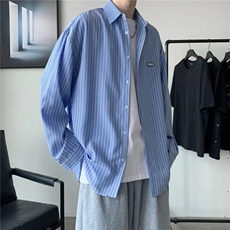 日系复古条纹衬衫男青少年时尚港风潮流宽松休闲痞帅翻领衬衣外套，男装衬衫，星座1013