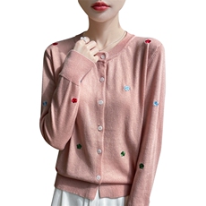 25春秋新款圆领精纺羊毛开衫女拼色刺绣花朵针织毛衣宽松休闲外套，女装针织衫/毛衣，源达羊绒