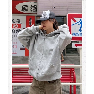 日系时尚原宿纯色灰色连帽卫衣280克外套新款慵懒潮流WYX69图片