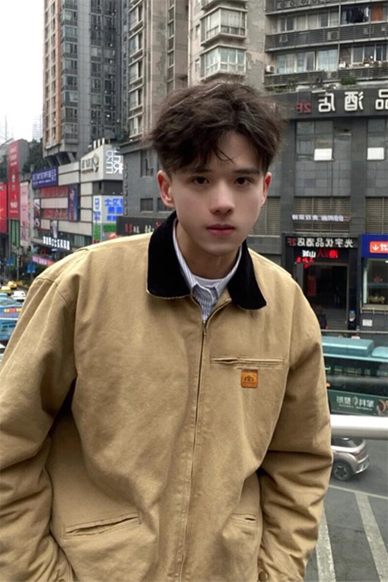 卡其色外套美式复古翻领棒球服高级底特律工装夹克JK7705特P68,男装夹克,星座908-1