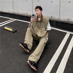 美式潮牌复古牛仔夹克男生廓形设计坎肩马甲 套装图片