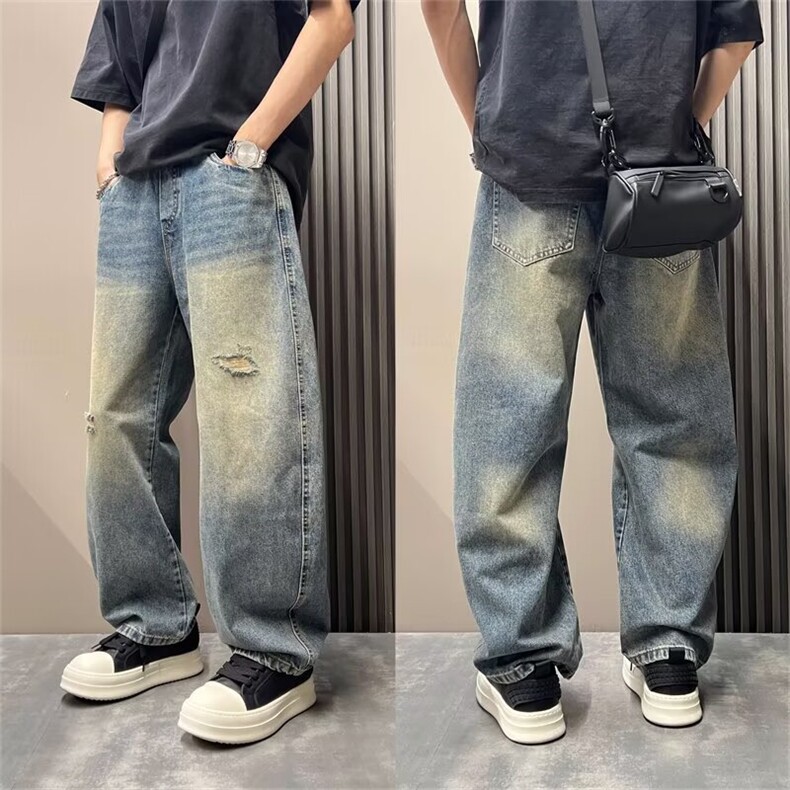 1506-1/NB8241/P50直筒牛仔裤男春季美式高街潮牌复古阔腿裤宽松图片