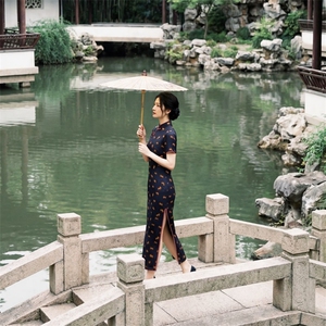 夏季新品时尚气质金丝提花香云纱品质真丝喜庆中长款旗袍裙图片