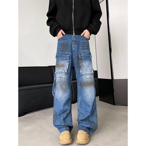 美式复古慵懒风多口袋设计工装牛仔裤男春阔腿拖地长裤RK2378-P66图片