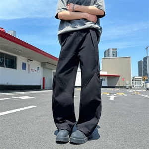 美式复古拼接弯刀牛仔裤潮流宽松休闲裤
