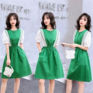 欧洲站2022夏季新款拼接撞色收腰荷叶边甜美泡泡袖衬衫直筒连衣裙，女装连衣裙，兰菲阁