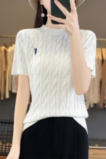 早春小马刺绣宽松羊毛短袖女复古麻花低圆领针织衫百搭修身T恤上，女装羊毛衫，润辉羊绒