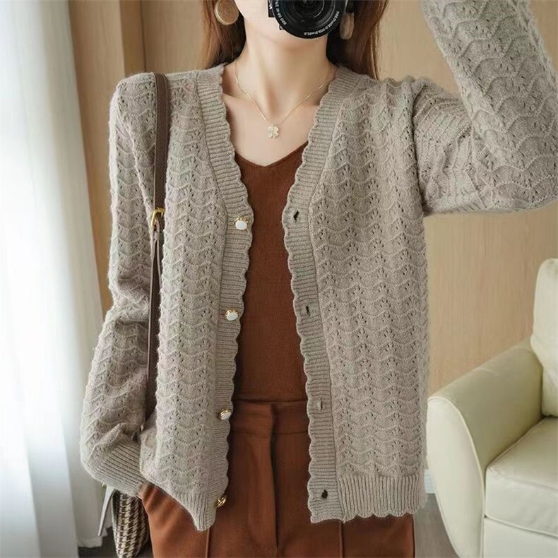 2024秋冬新款纯棉V领花边镂空开衫，女装针织衫/毛衣，胜酷羊绒