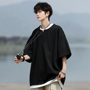 8XL-M重磅斜纹假两件短袖t恤男夏季薄款宽松大码半袖体恤DT006P45图片