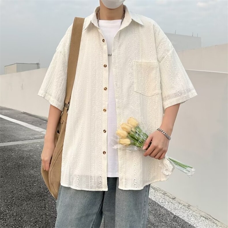 日系五分袖春夏季新款衬衫潮流慵懒男方领宽松型衬衫HC91P35图片