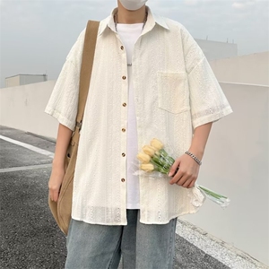 日系五分袖春夏季新款衬衫潮流慵懒男方领宽松型衬衫HC91P35图片
