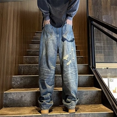 做旧拼接破洞宽松直筒牛仔裤男夏季拖地长裤子1238-P58，男装牛仔裤，星座910-5