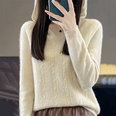 女士2025新款扭花帽衫，女装针织衫/毛衣，萱芳婷羊绒