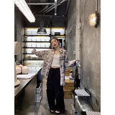 复古格子长袖衬衫外套女装秋季中长款宽松百搭休闲防晒上衣CE08，男装防晒衣，星座208-5