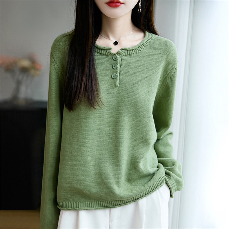 100%纯棉线卷边圆领长袖针织衫女加厚宽松套头打底衫全棉显瘦上衣,针织衫/毛衣,丹芙娇羊绒
