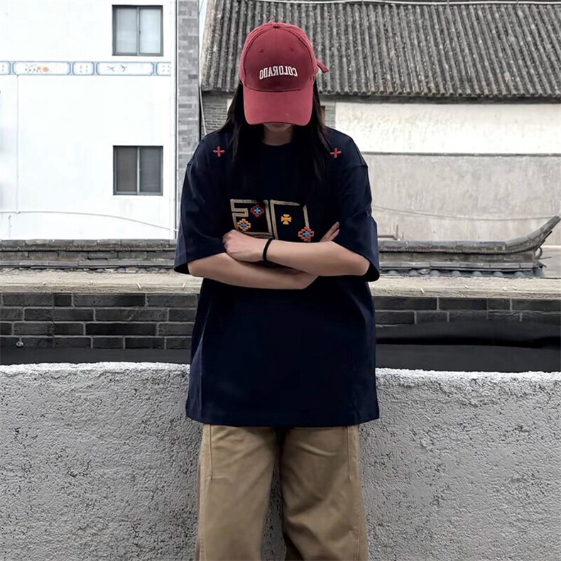 万针全刺绣工艺高品质260克双纱纯棉美式高街短袖T恤特P33,男装T恤,电商A486-1
