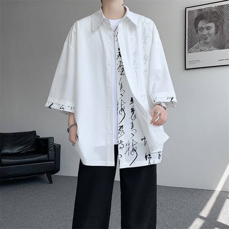 假两件短袖衬衫新中式风设计衬衣大码垂感冰丝外套DC1705特P35，男装衬衫，电商B238