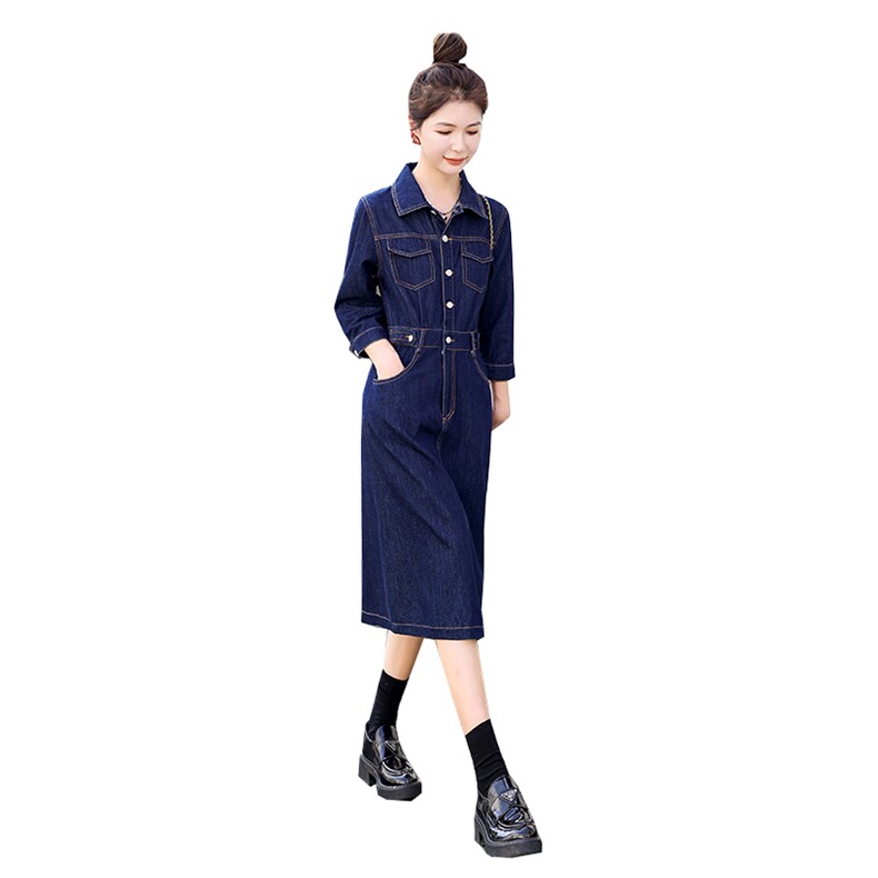 时尚显瘦牛仔连衣裙女长袖气质修身中长款百搭休闲裙,女装连衣裙,秋水欣儿