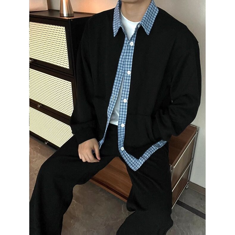 美式复古假两件开衫卫衣男款秋季潮牌格子拼接外套慵懒风情侣夹克,男装夹克,星座1116A（原606A-3）